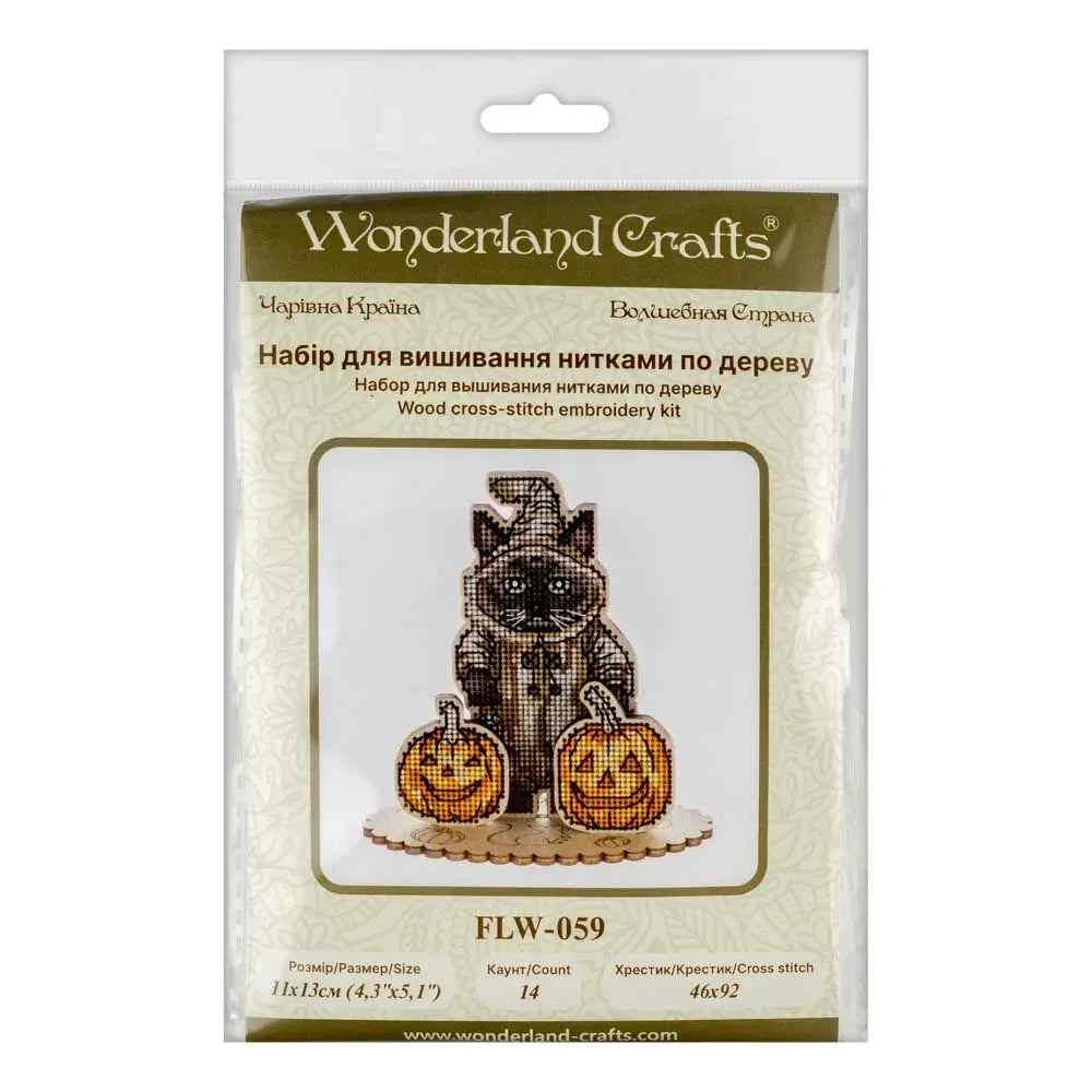 Wonderland Crafts Halloween Siamese Cat FLW-059 Counted Cross Stitch Kit, Pumpkins DIY on Stand