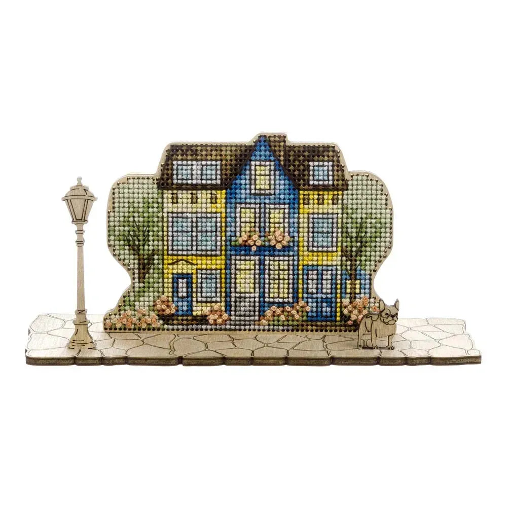 Wonderland Crafts Colorful Facades FLW-069 Counted Cross Stitch Kit, Houses & Dog DIY on Stand