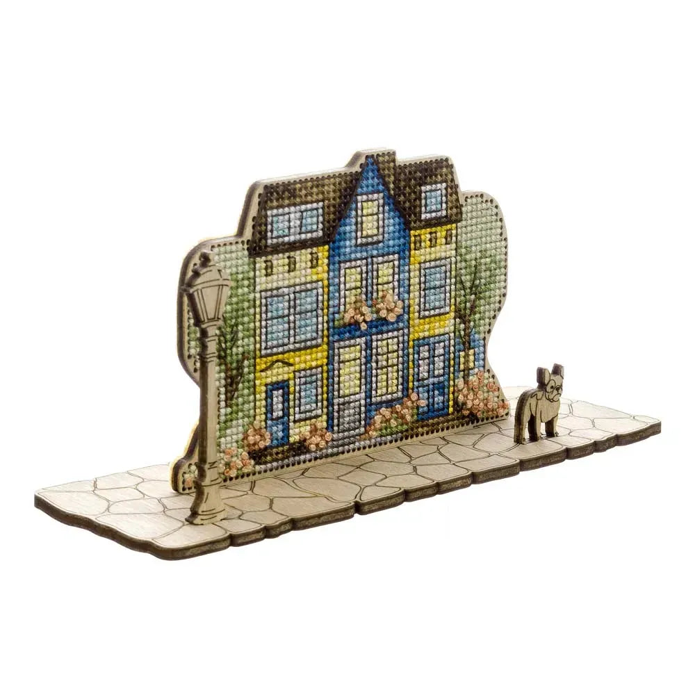 Wonderland Crafts Colorful Facades FLW-069 Counted Cross Stitch Kit, Houses & Dog DIY on Stand