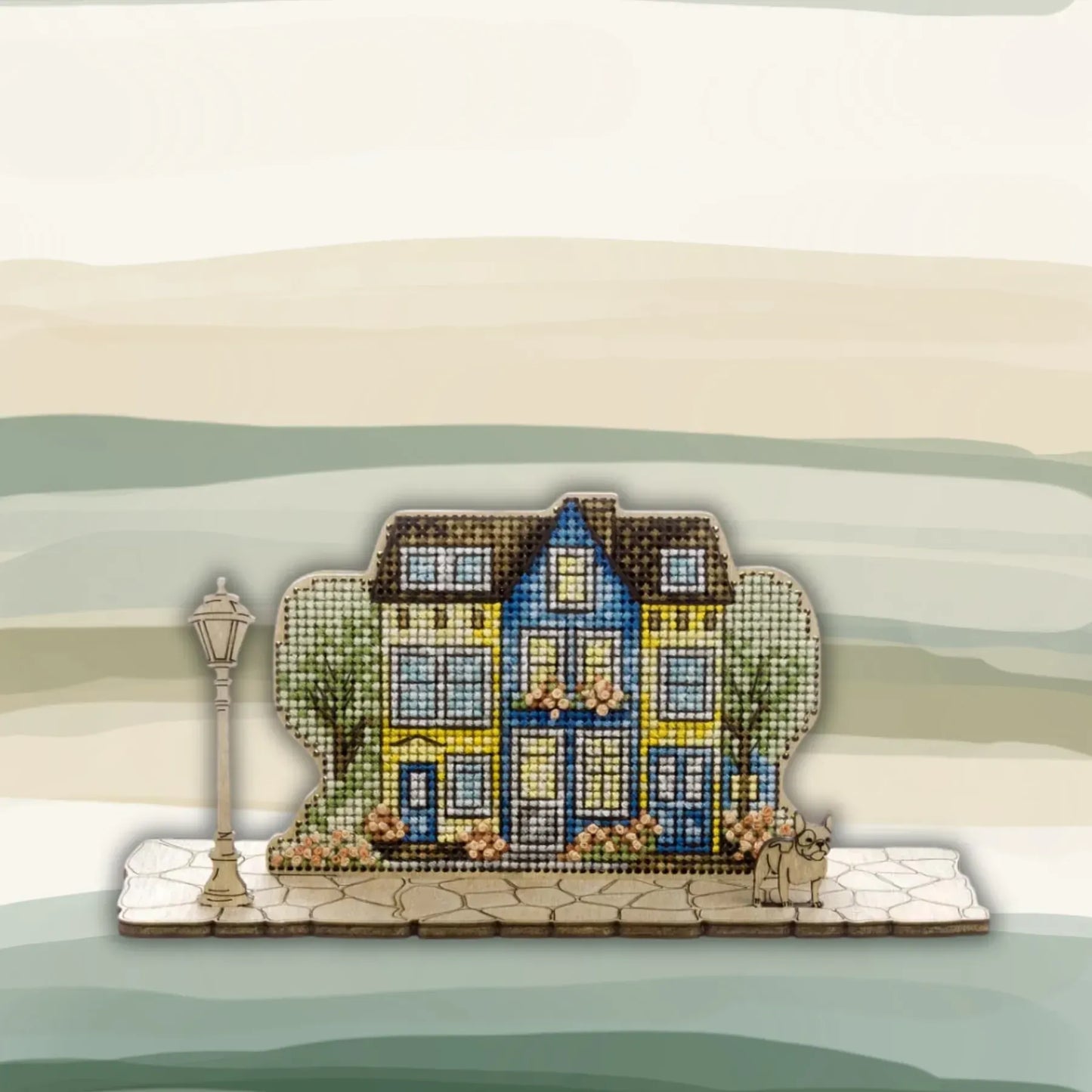 Wonderland Crafts Colorful Facades FLW-069 Counted Cross Stitch Kit, Houses & Dog DIY on Stand