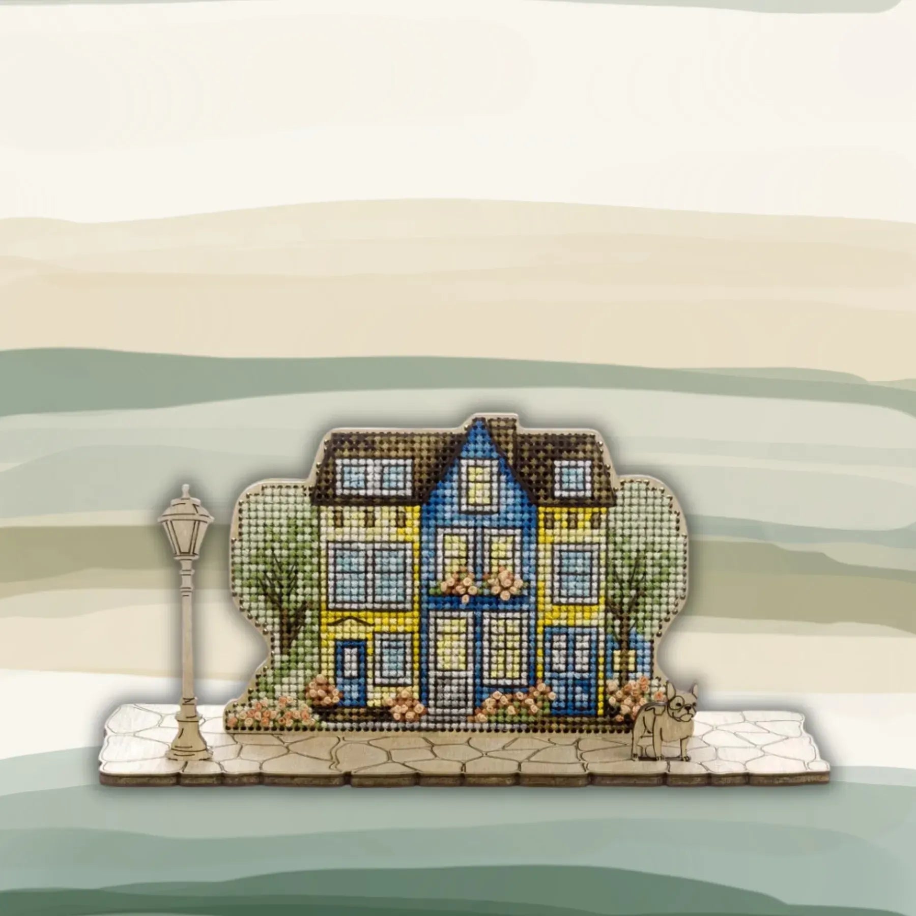 Wonderland Crafts Colorful Facades FLW-069 Counted Cross Stitch Kit, Houses & Dog DIY on Stand