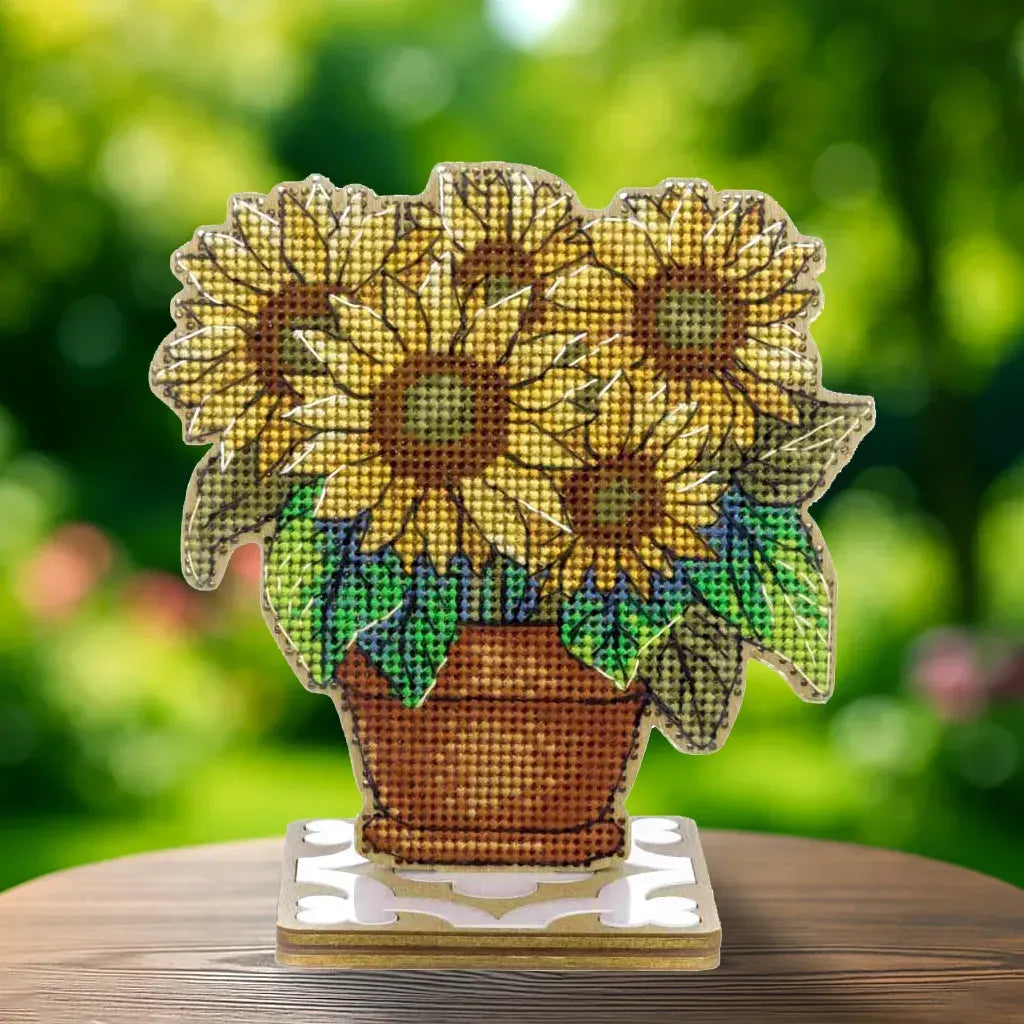 Wonderland Crafts Sunflower FLW-075 Counted Cross Stitch Kit, Potted Flowers DIY on Stand