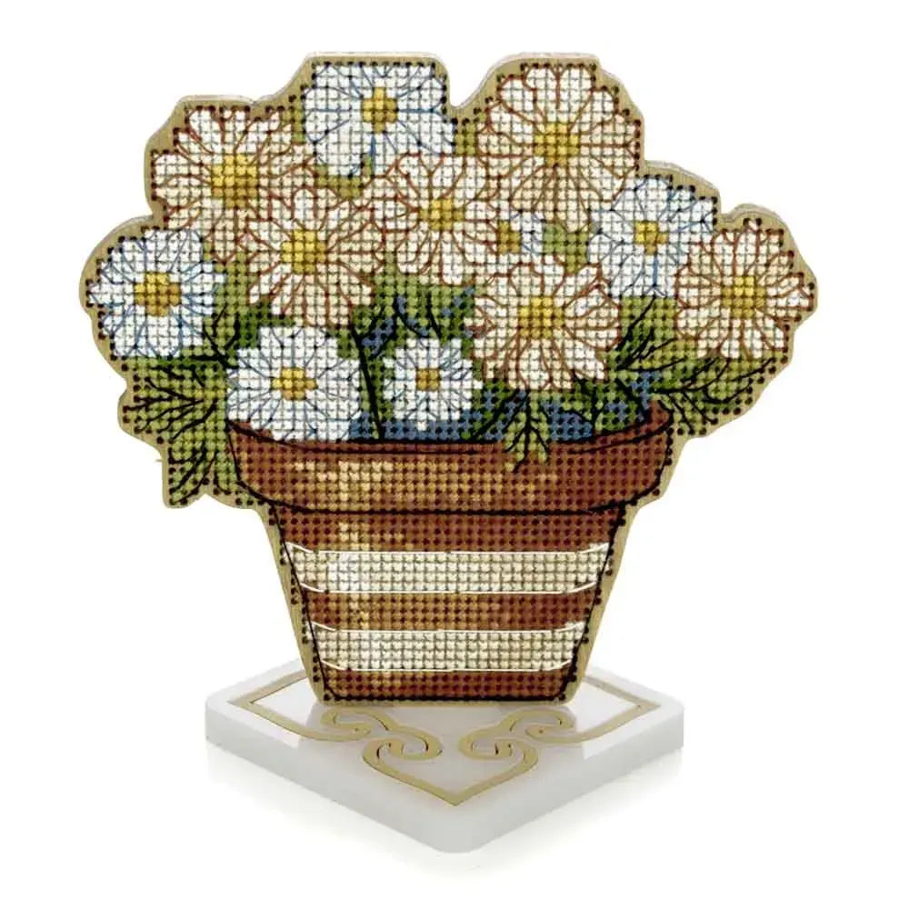 Wonderland Crafts Daisies FLW-076 Counted Cross Stitch Kit, Potted Flowers DIY on Stand