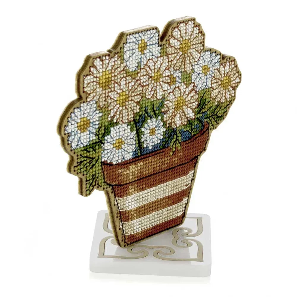 Wonderland Crafts Daisies FLW-076 Counted Cross Stitch Kit, Potted Flowers DIY on Stand