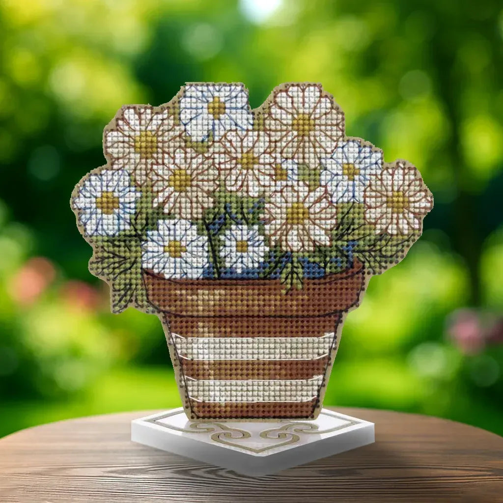 Wonderland Crafts Daisies FLW-076 Counted Cross Stitch Kit, Potted Flowers DIY on Stand