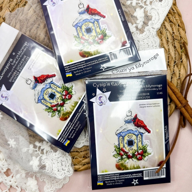 Winter Birdhouse Cross Stitch Kit 1145, Beaded Ornament with Plastic Canvas