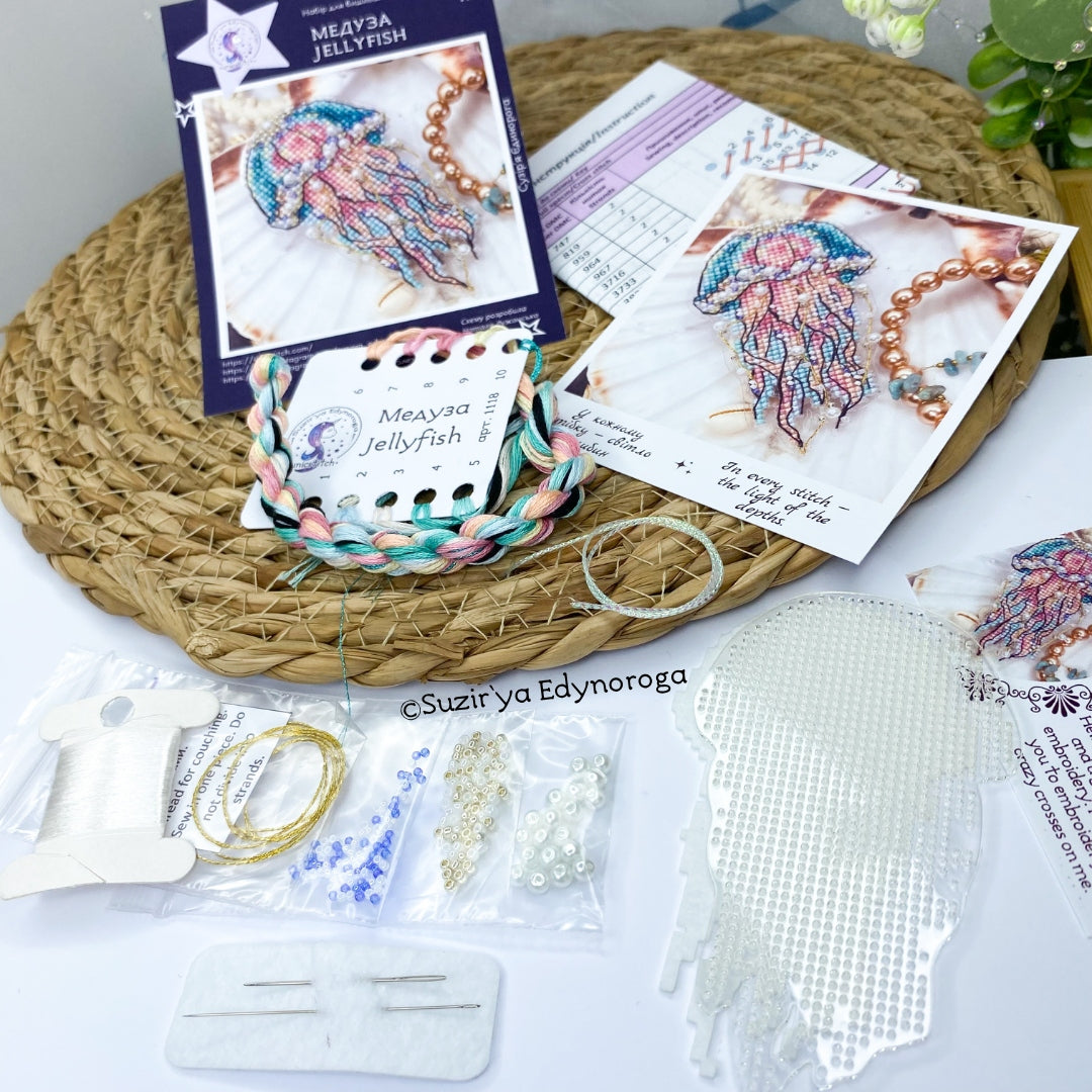 Cross Stitch kit Jellyfish, threads, beads and decorative crystals.
