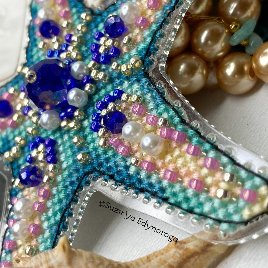 Cross Stitch kit Starfish, threads, beads and decorative crystals.