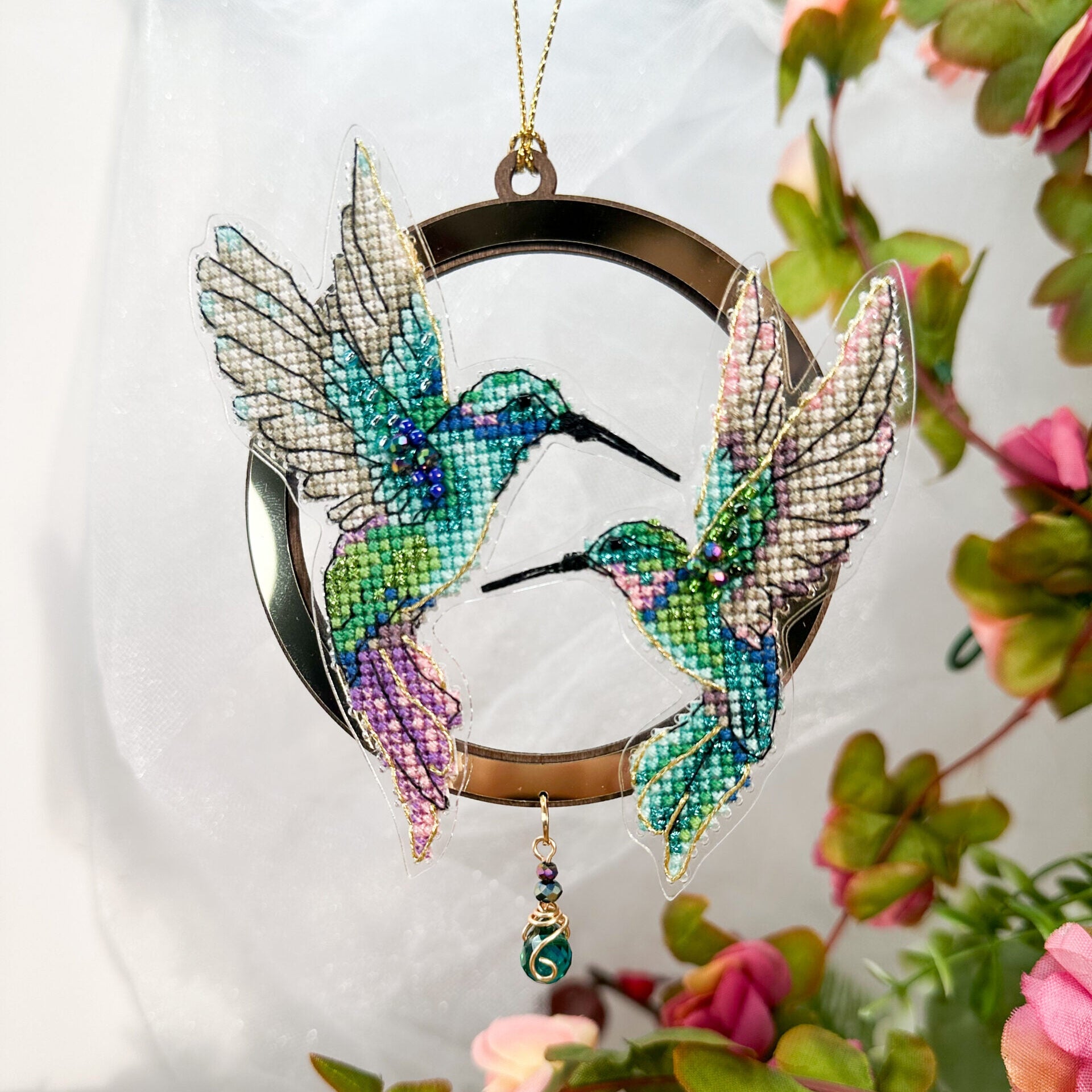 Cross Stitch kit Hummingbird, threads, beads and decorative crystals.