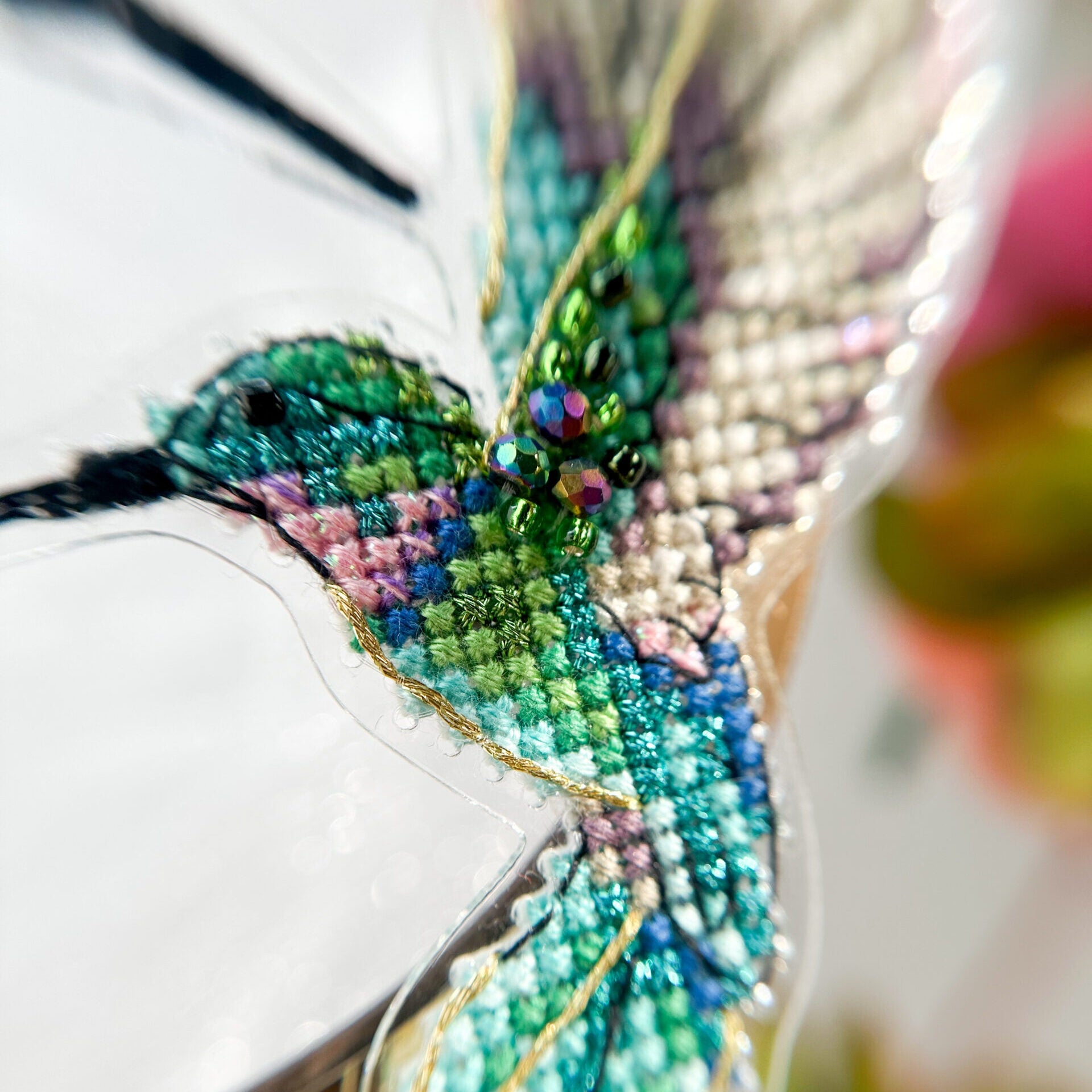 Cross Stitch kit Hummingbird, threads, beads and decorative crystals.