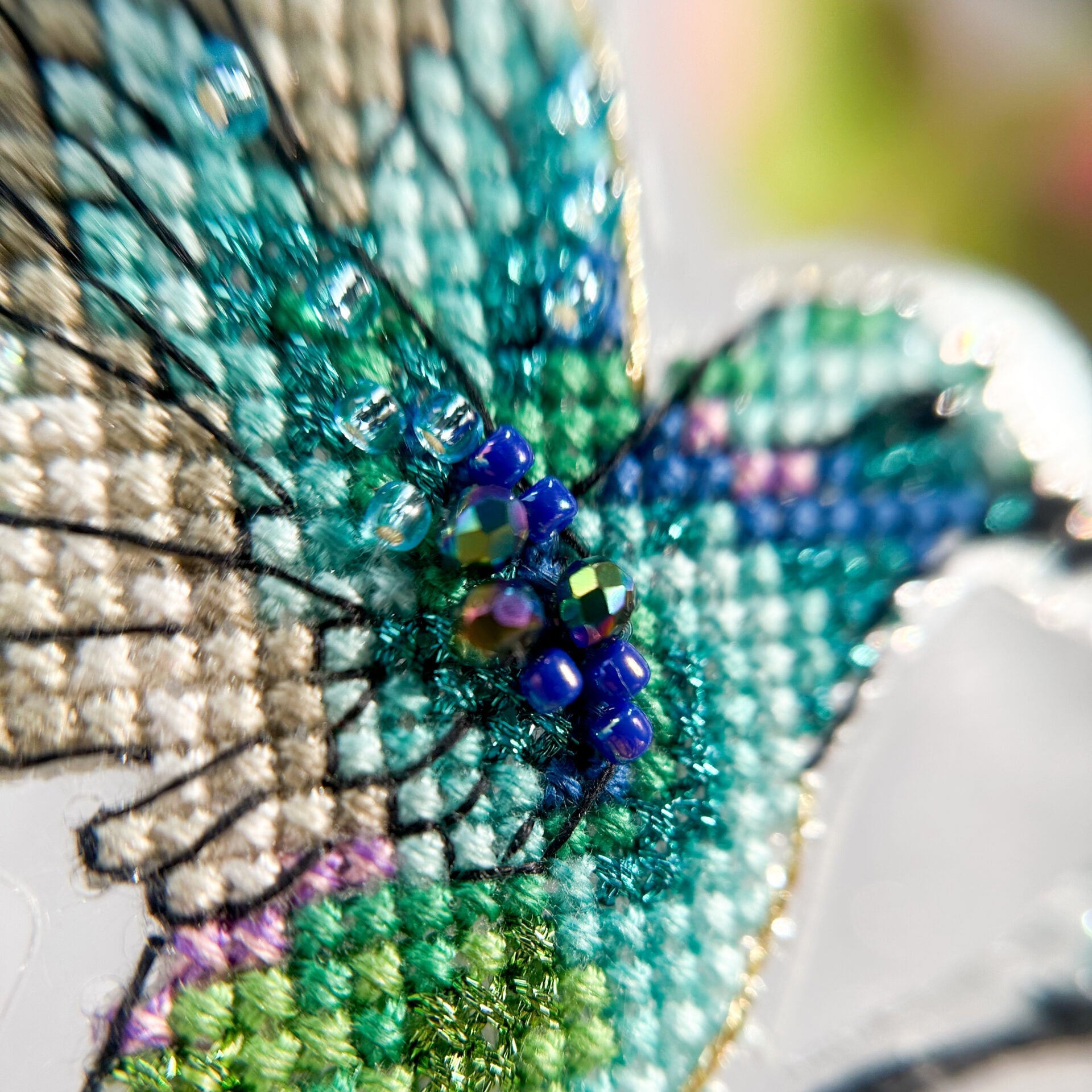 Cross Stitch kit Hummingbird, threads, beads and decorative crystals.