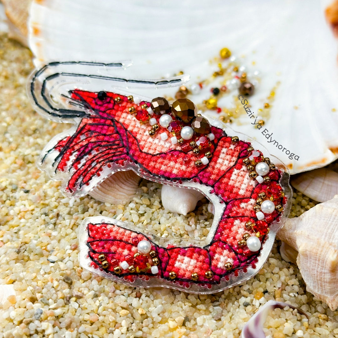 Shrimp Cross Stitch Kit 1142, Flexible Plastic Canvas Embroidery, Premium Toho Beads Pearls