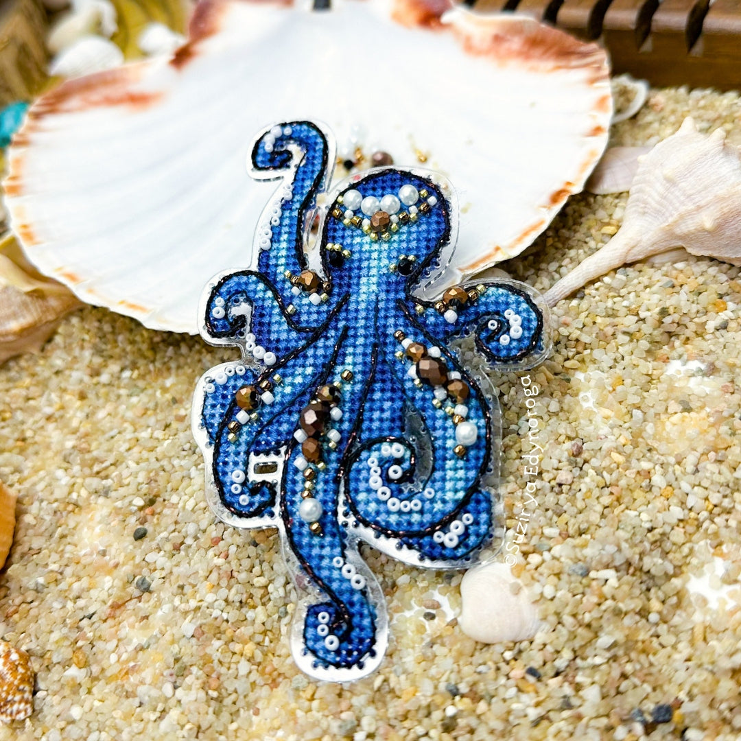 Octopus Cross Stitch Kit 1143, Clear Flexible Plastic Canvas, Premium Toho Beads Pearls