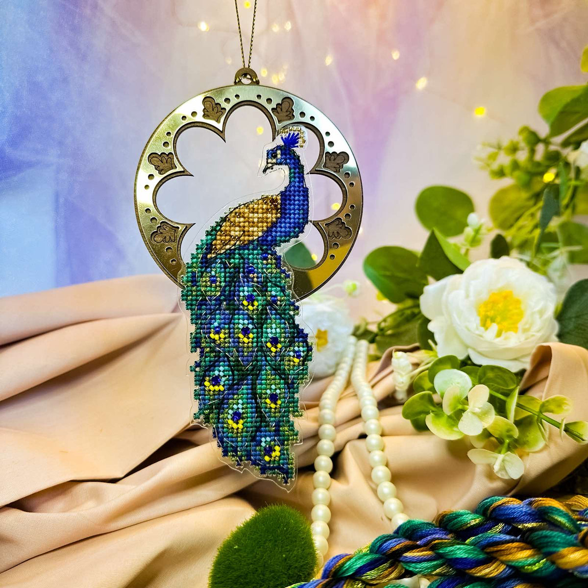 Peacock Cross Stitch Kit, Beaded Bird Ornament with Plastic Canvas 1147