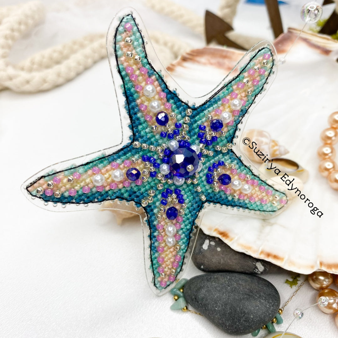 Cross Stitch kit Starfish, threads, beads and decorative crystals.