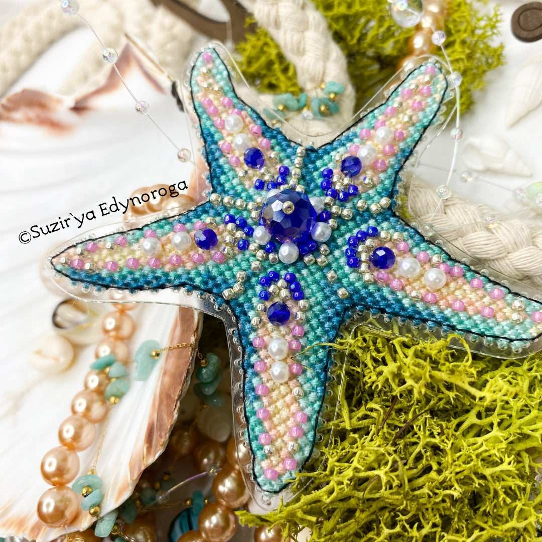 Cross Stitch kit Starfish, threads, beads and decorative crystals.