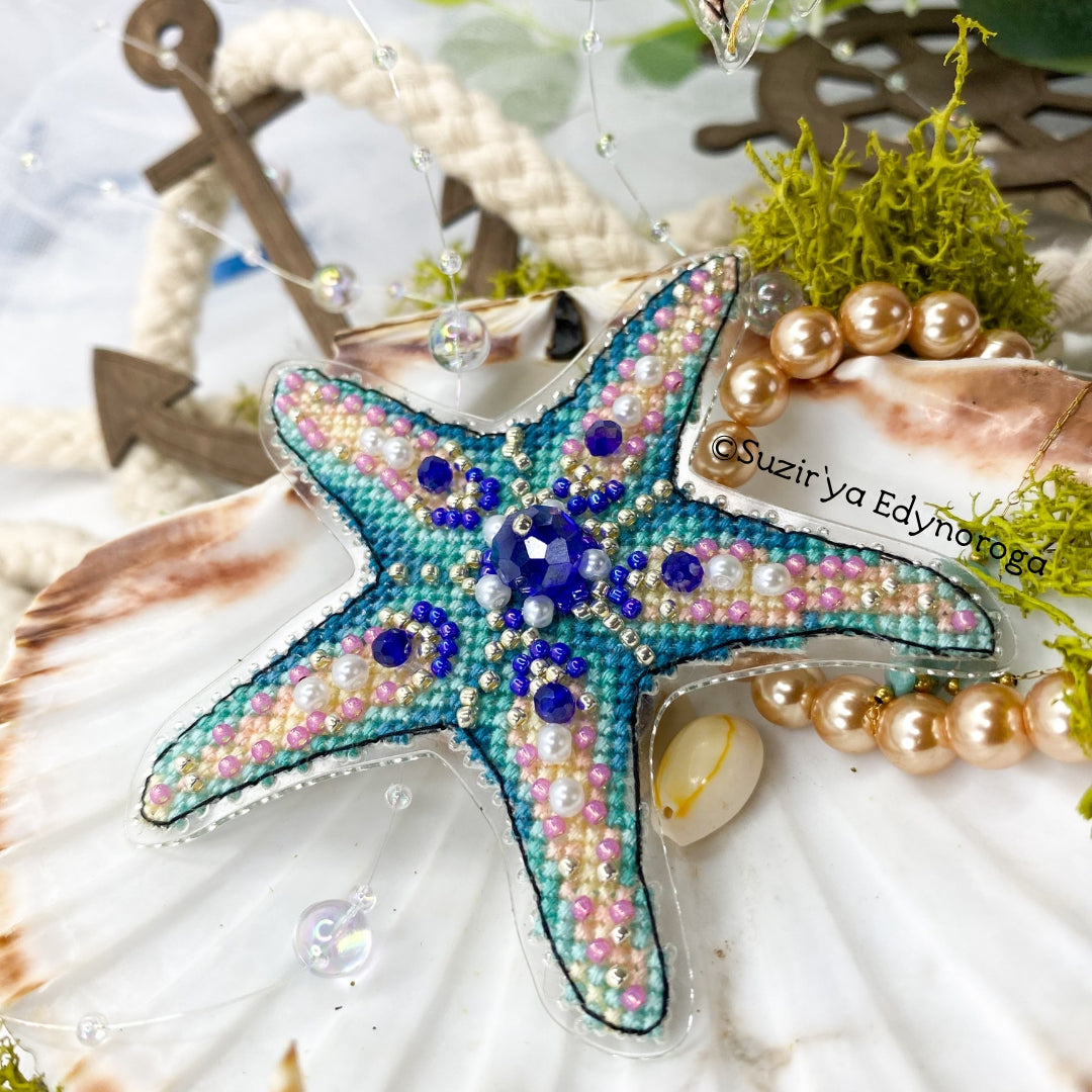 Cross Stitch kit Starfish, threads, beads and decorative crystals.