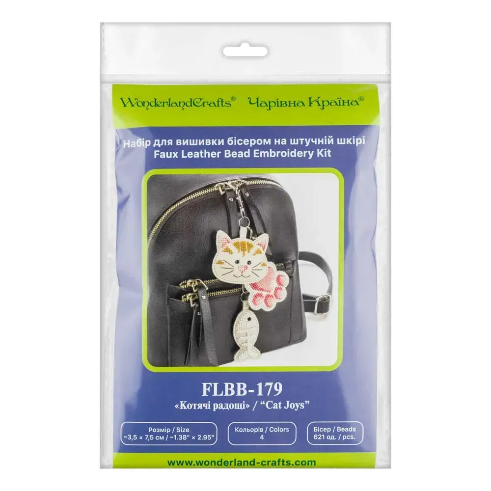 Wonderland Crafts FLBB-179 Cat Joys Bag Charm Set, Bead Embroidery Kit on Faux Leather, Set of 3