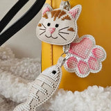 Wonderland Crafts FLBB-179 Cat Joys Bag Charm Set, Bead Embroidery Kit on Faux Leather, Set of 3