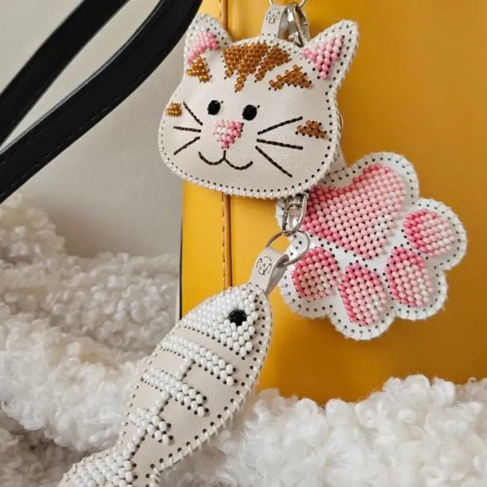 Wonderland Crafts FLBB-179 Cat Joys Bag Charm Set, Bead Embroidery Kit on Faux Leather, Set of 3