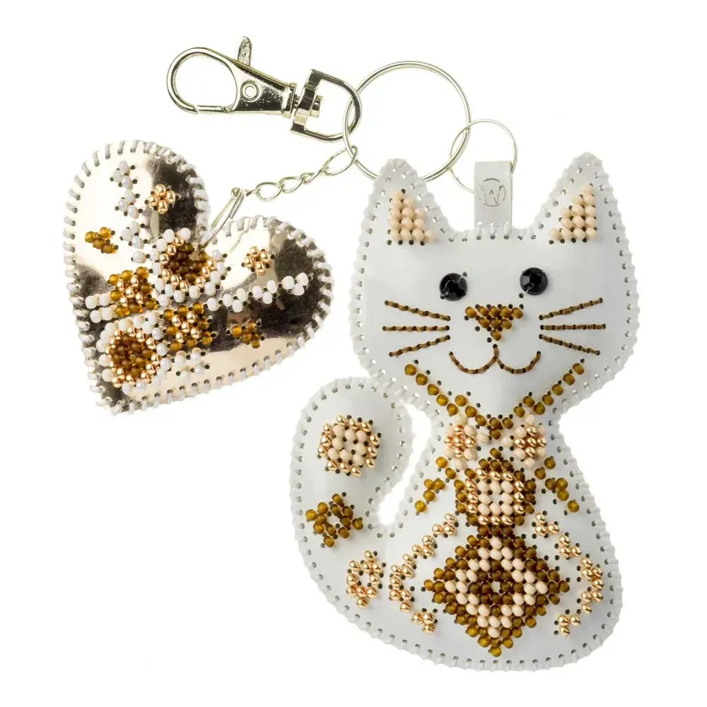 Wonderland Crafts FLBB-180 Kitten with Heart Bag Charm, Bead Embroidery Kit on Faux Leather