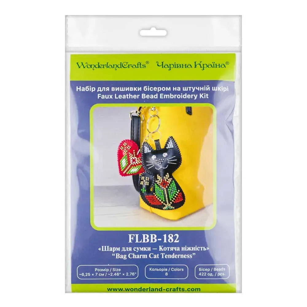 Wonderland Crafts FLBB-182 Cat Tenderness Black Cat with Heart Bag Charm, Bead Embroidery Kit on Faux Leather