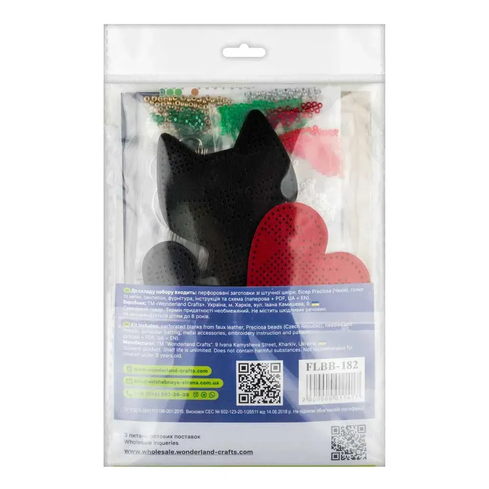 Wonderland Crafts FLBB-182 Cat Tenderness Black Cat with Heart Bag Charm, Bead Embroidery Kit on Faux Leather