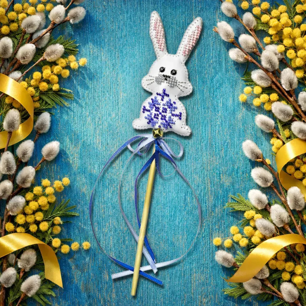 Wonderland Crafts FLBB-188 Blue Bunny Easter Topper, Bead Embroidery Kit on Faux Leather