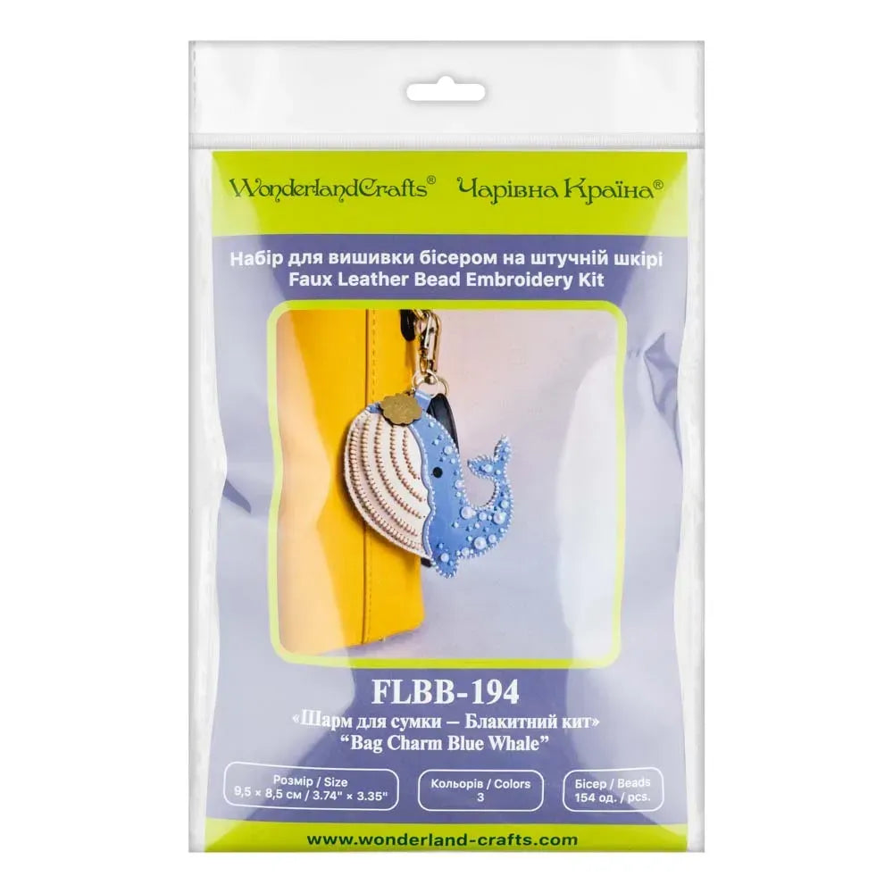 Wonderland Crafts FLBB-194 Blue Whale Bag Charm, Bead Embroidery Kit on Faux Leather