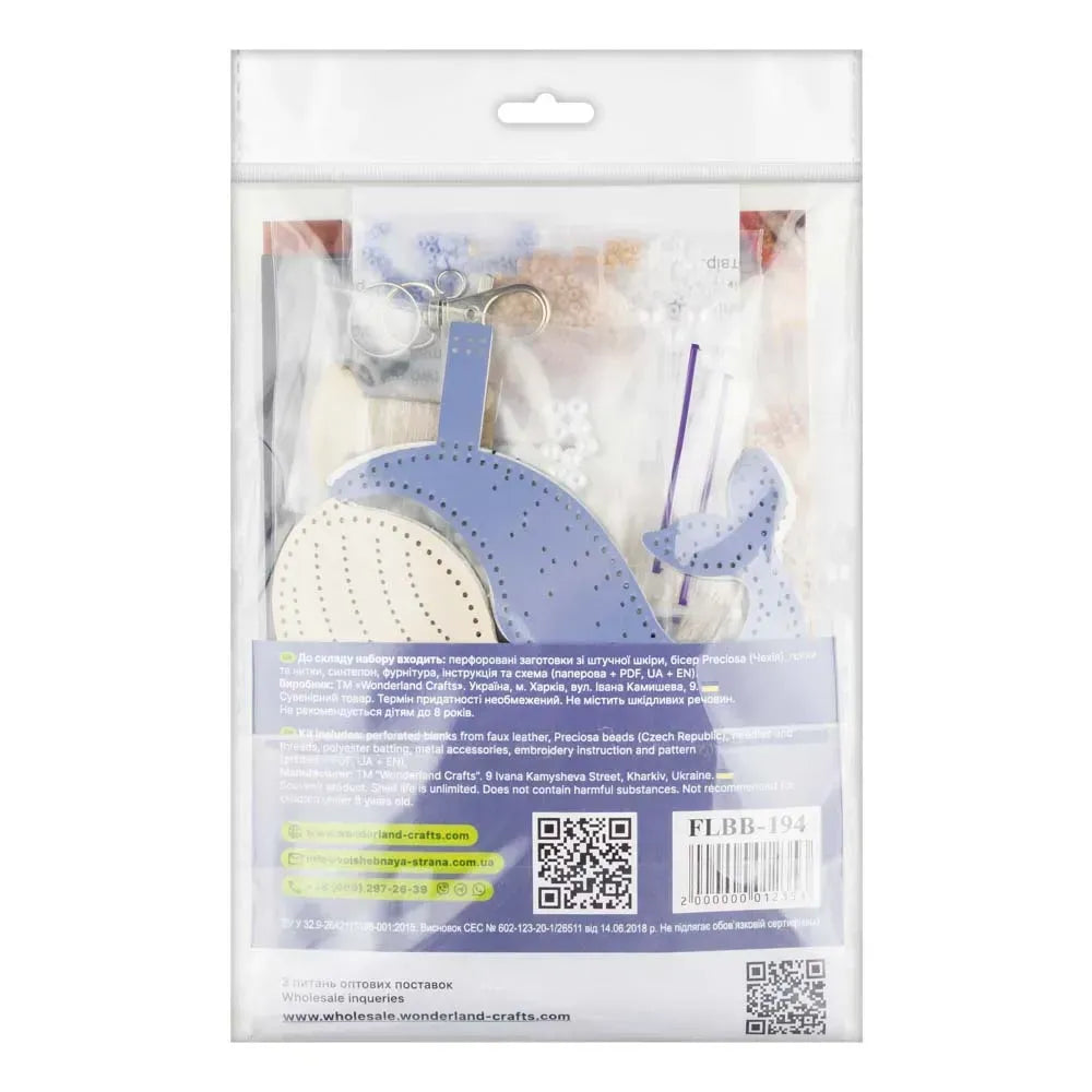 Wonderland Crafts FLBB-194 Blue Whale Bag Charm, Bead Embroidery Kit on Faux Leather