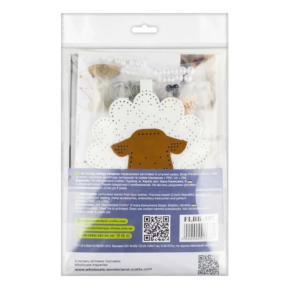 Wonderland Crafts FLBB-197 Cute Sheep Bag Charm, Bead Embroidery Kit on Faux Leather