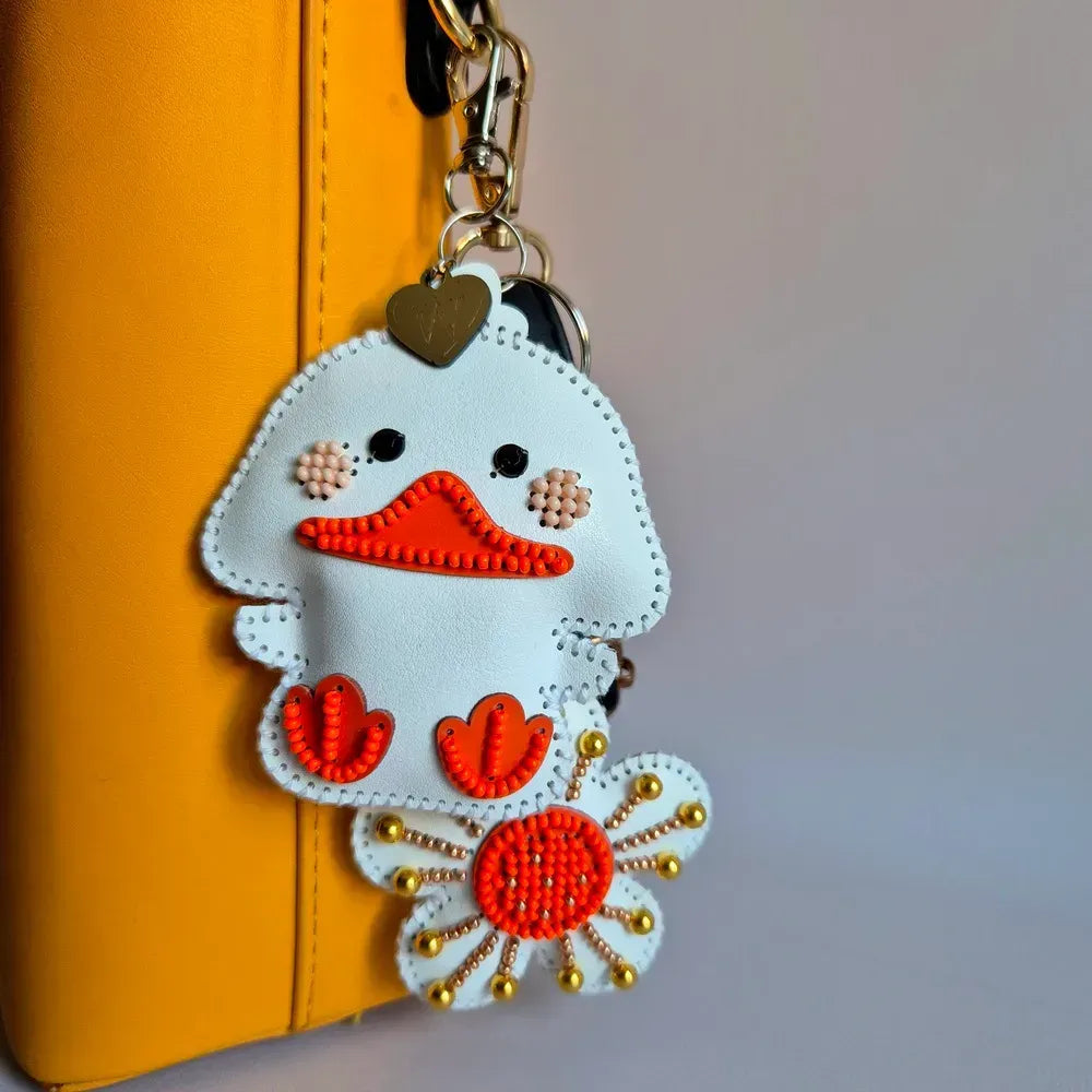 Wonderland Crafts FLBB-198 Duck with Flower Bag Charm, Bead Embroidery Kit on Faux Leather
