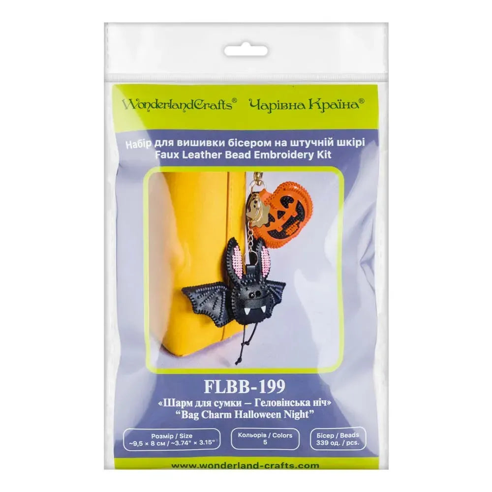 Wonderland Crafts FLBB-199 Halloween Night Bat and Pumpkin Bag Charm, Bead Embroidery Kit on Faux Leather