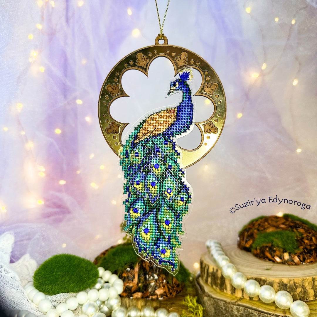 Peacock Cross Stitch Kit, Beaded Bird Ornament with Plastic Canvas 1147
