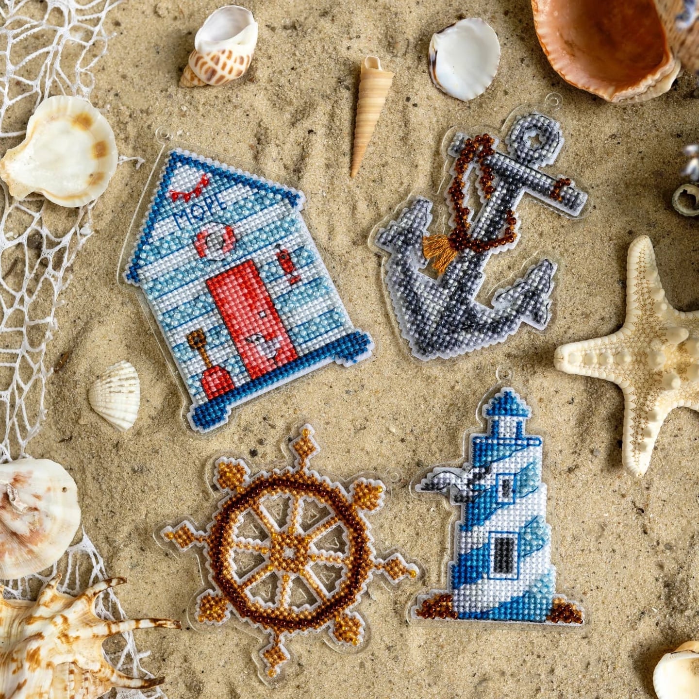 Cozy Crosses Sea Set M020 Counted Cross Stitch Kit, Nautical Ornaments on Plastic, Set of 4