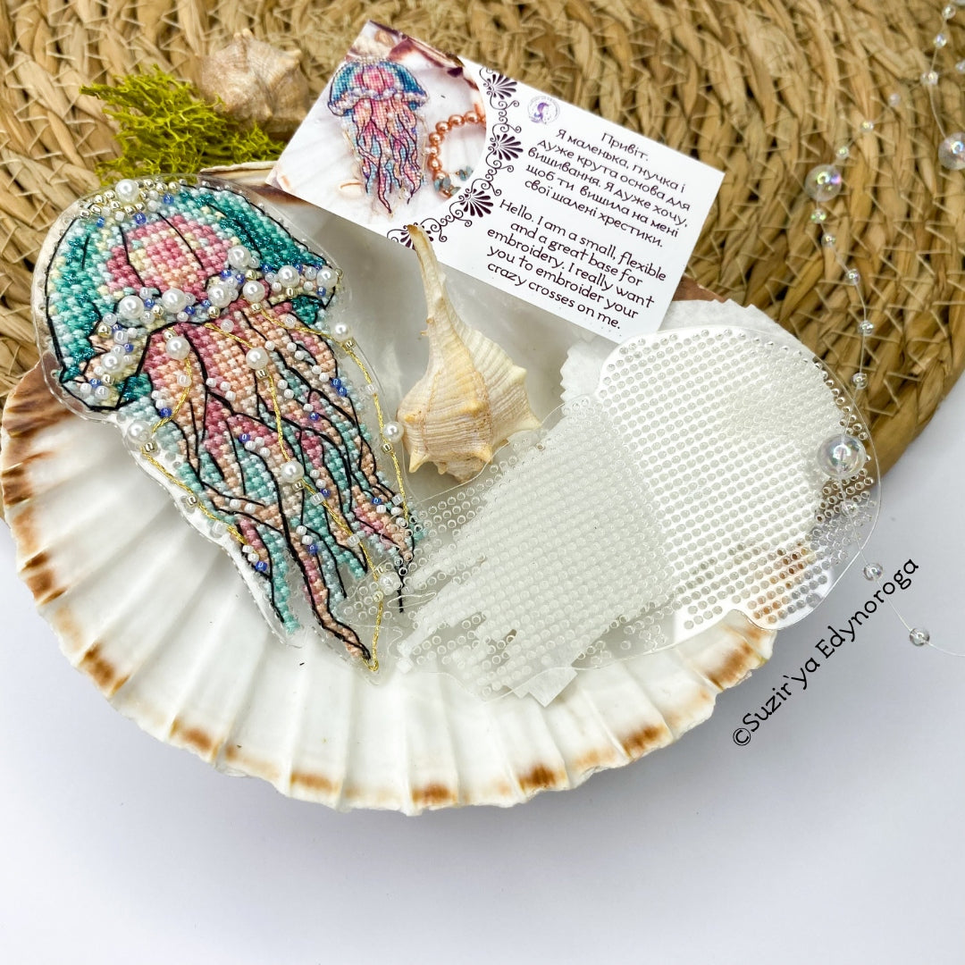 Cross Stitch kit Jellyfish, threads, beads and decorative crystals.