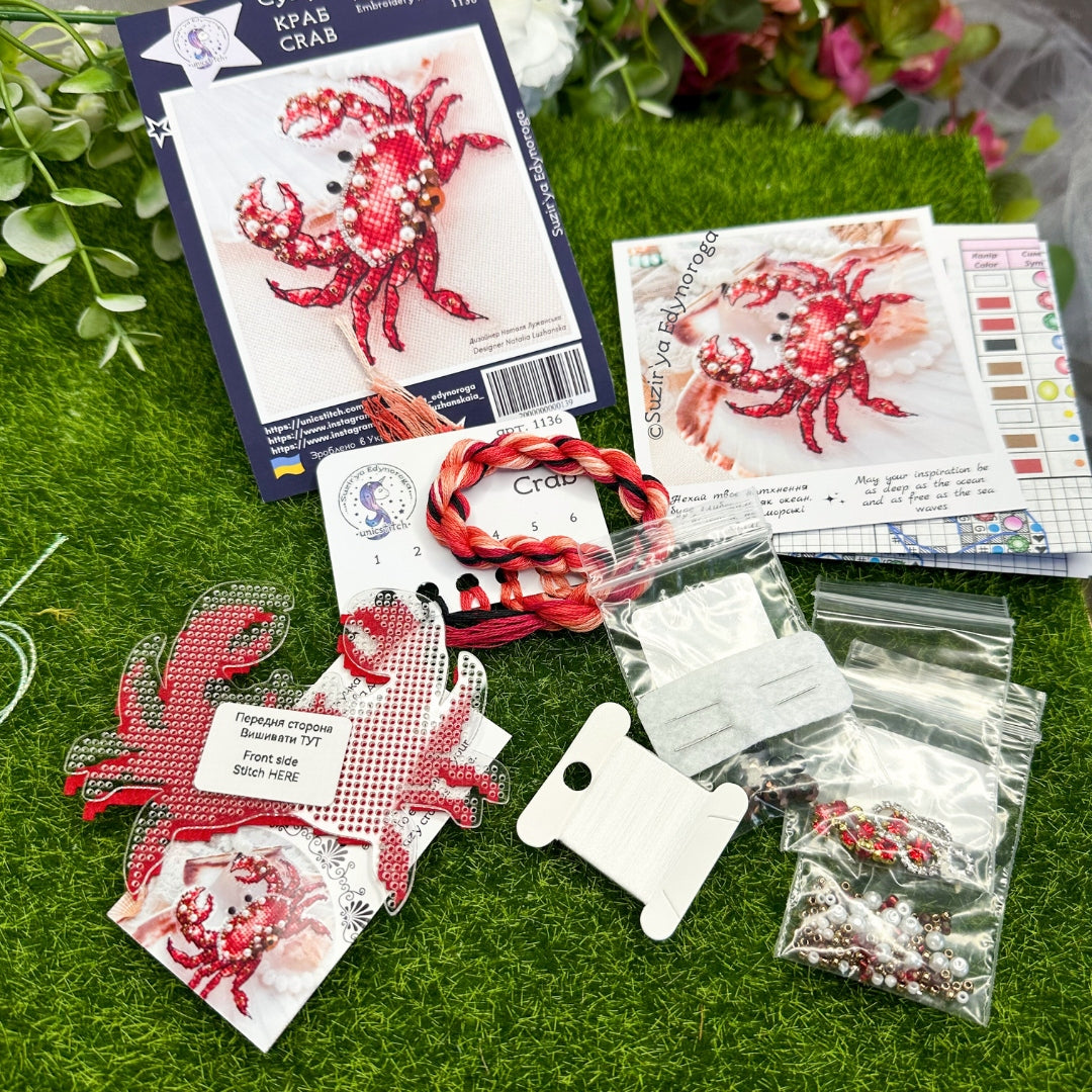 Cross Stitch kit with beads Crab, threads, beads and decorative crystals.
