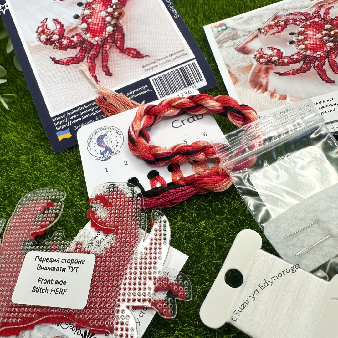 Cross Stitch kit with beads Crab, threads, beads and decorative crystals.