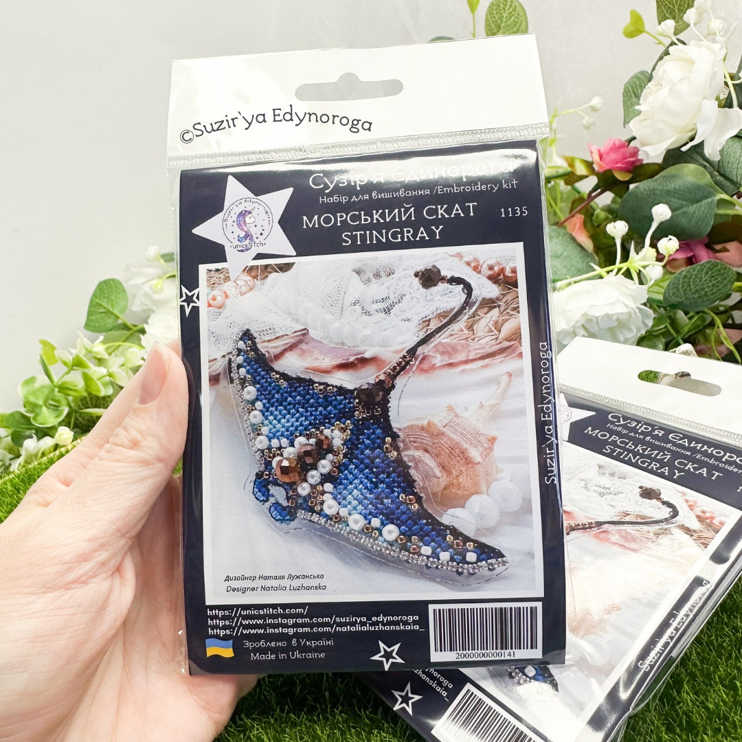 Cross Stitch kit Stingray, threads, beads and decorative crystals.
