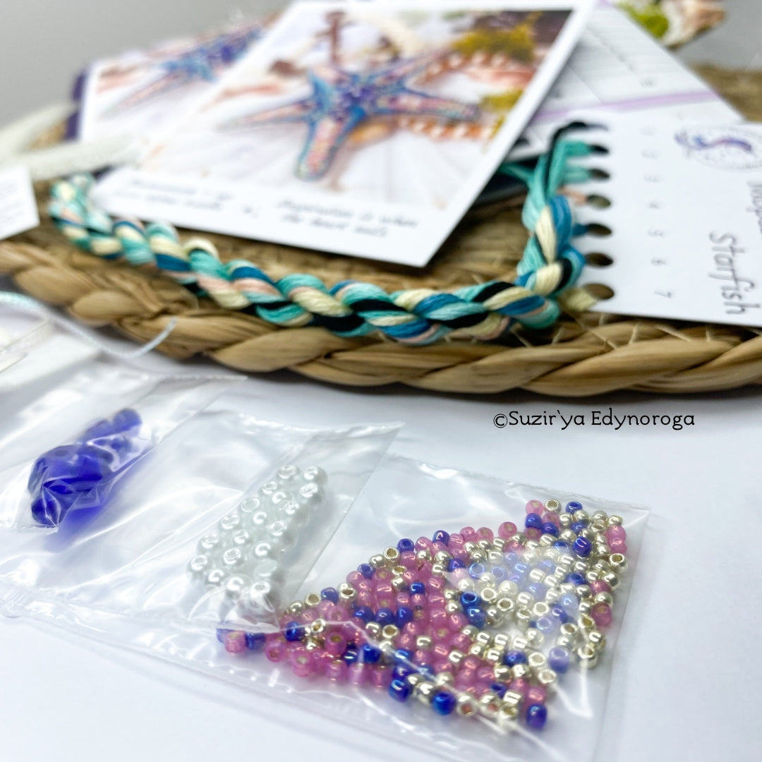 Cross Stitch kit Starfish, threads, beads and decorative crystals.