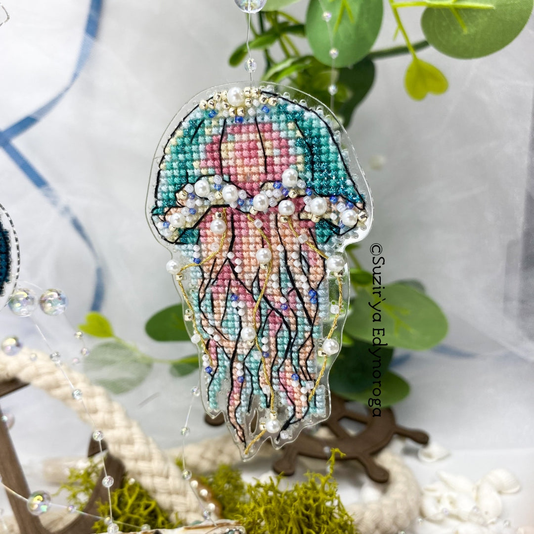 Cross Stitch kit Jellyfish, threads, beads and decorative crystals.