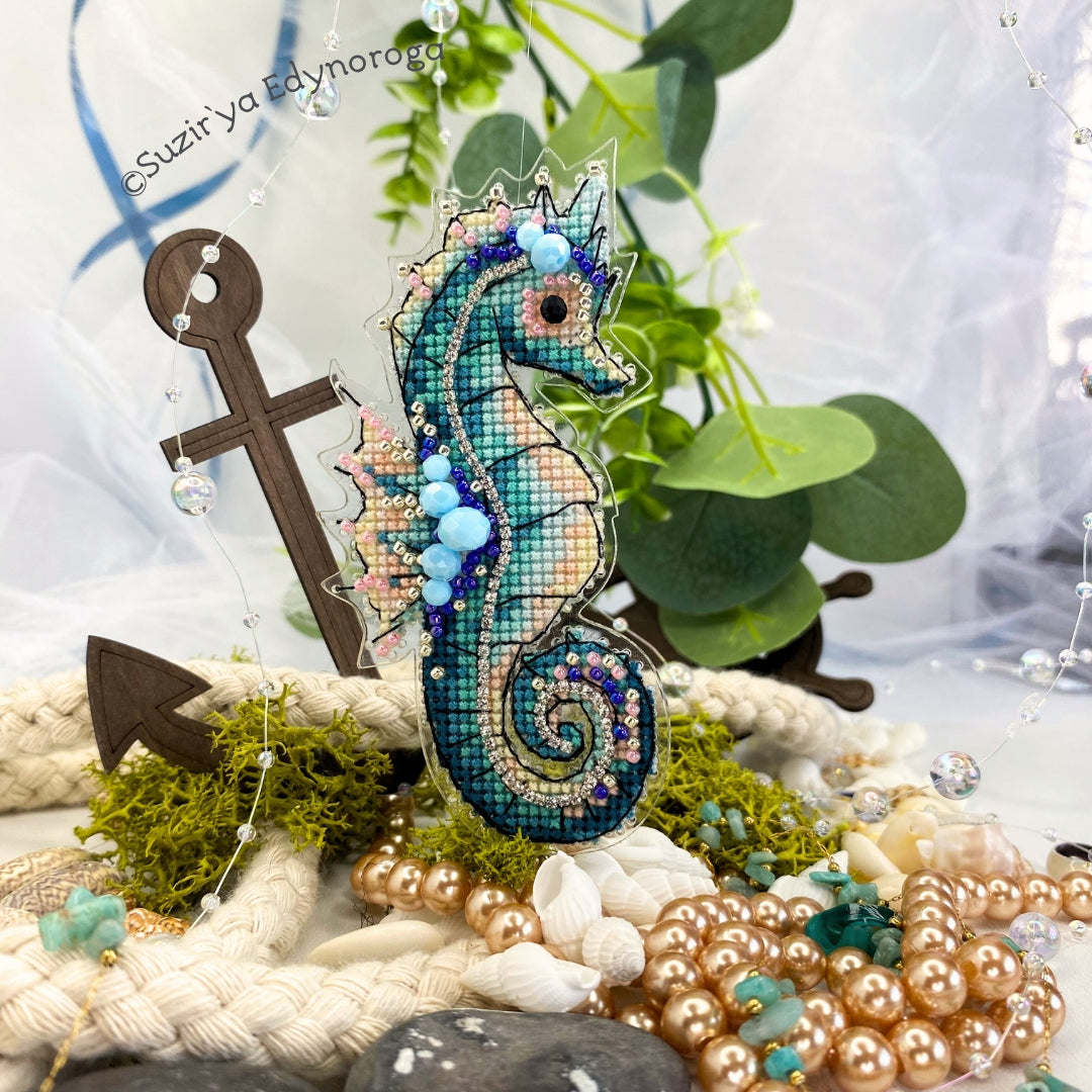 Cross Stitch kit Sea horse, threads, beads and decorative crystals