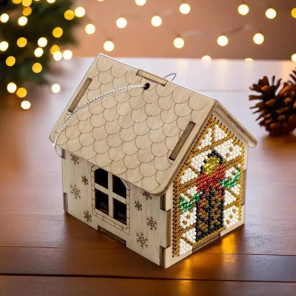 Bead Embroidery Kit: Santa Gold House on Wood