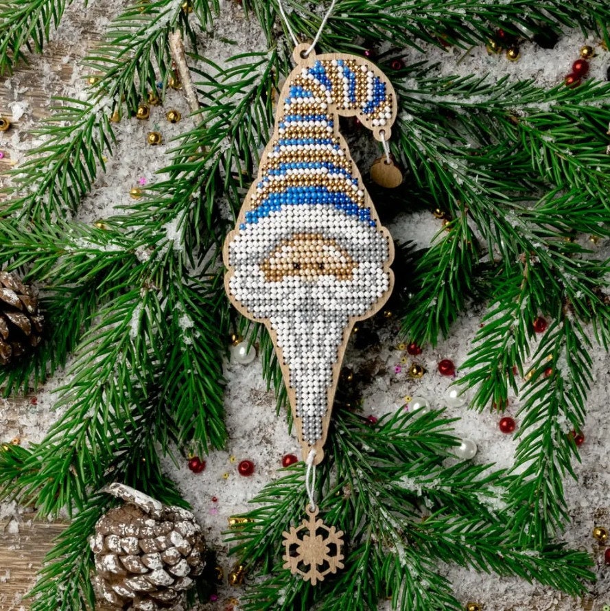 Bead Embroidery Kit: Santa with Blue Hat on Wood