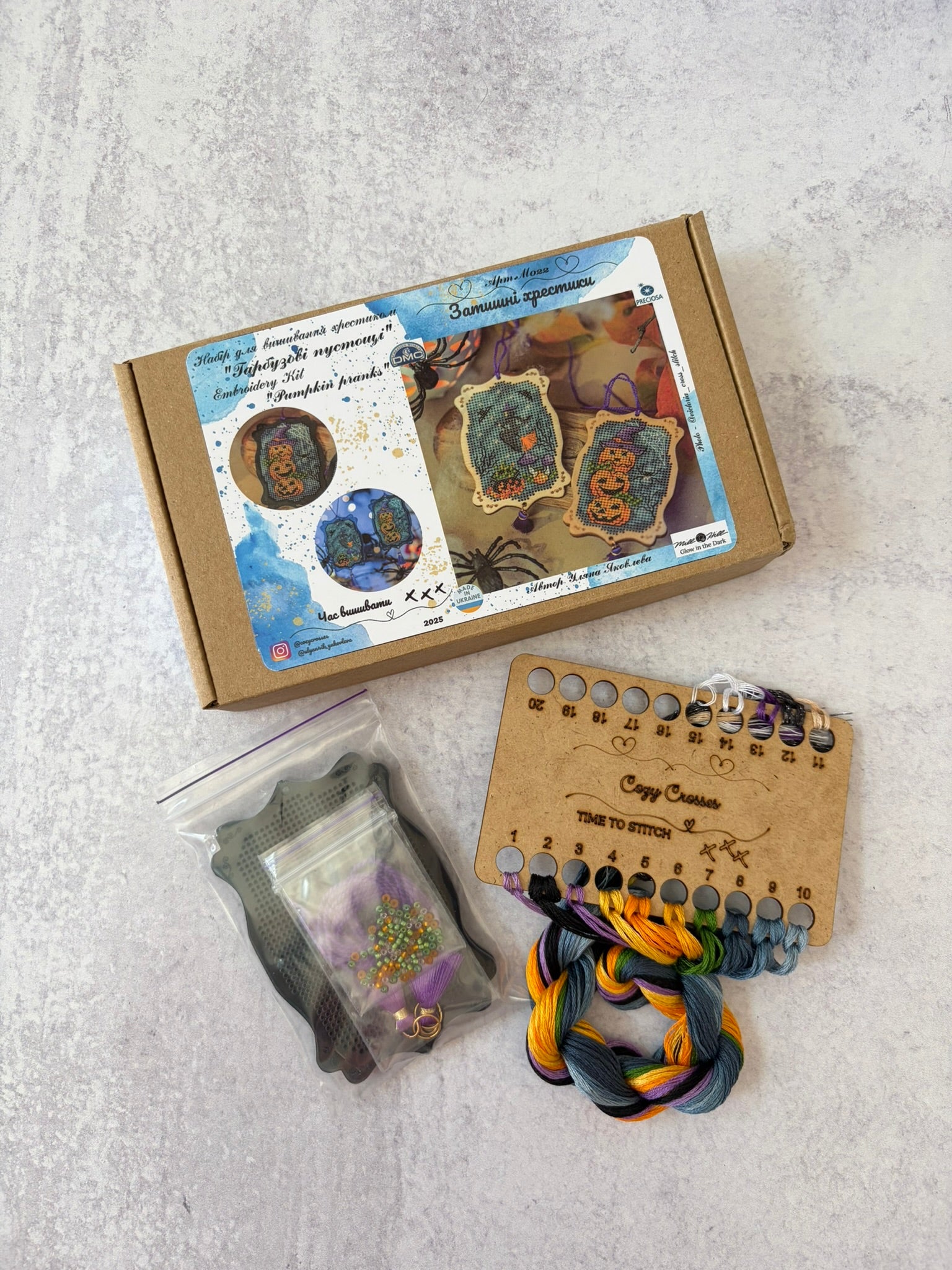 Cozy Crosses Pumpkin Pranks M022 Counted Cross Stitch Kit, Halloween Ornaments on Black Acrylic, Set of 2