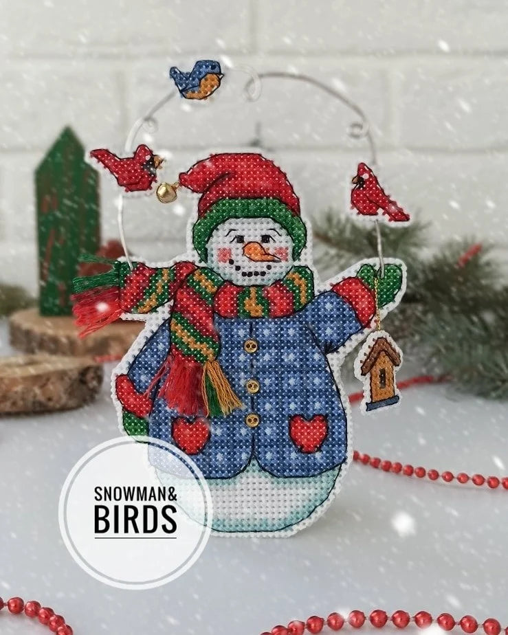 Cozy Crosses Snowman and Birds B005 Counted Cross Stitch Kit, Plastic Canvas Christmas Ornament