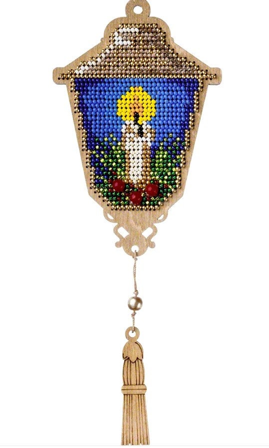 Bead Embroidery Kit on Wood, Lantern with a Candle, LK-453