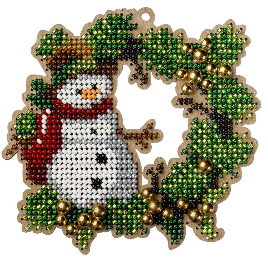 Snowman Bead Embroidery Kit on Wood: Fast DIY Craft (LK-442)