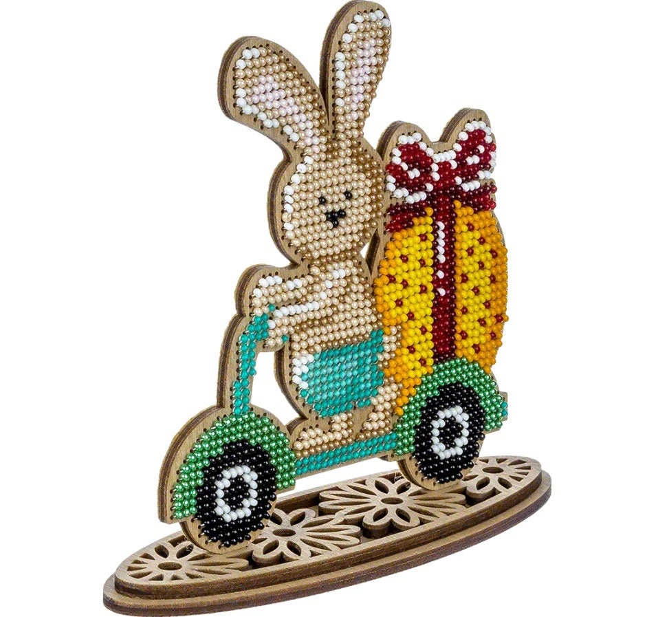 Bead Embroidery Kit: Easter Rabbit on Scooter, DIY Craft (4.3x5.1")
