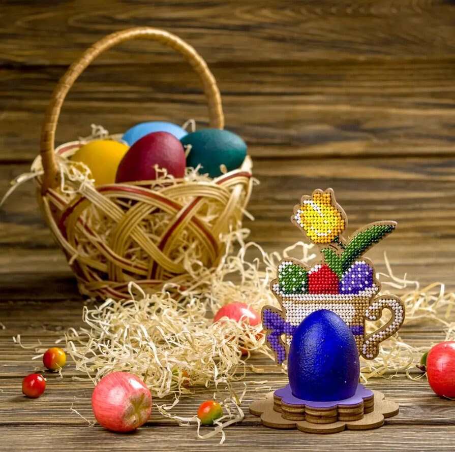 Bead Embroidery Kit Easter Decoration Egg Holder with Flowers, LK-330. Fast DIY Kit ( beads , thread, needle, plywood base included)